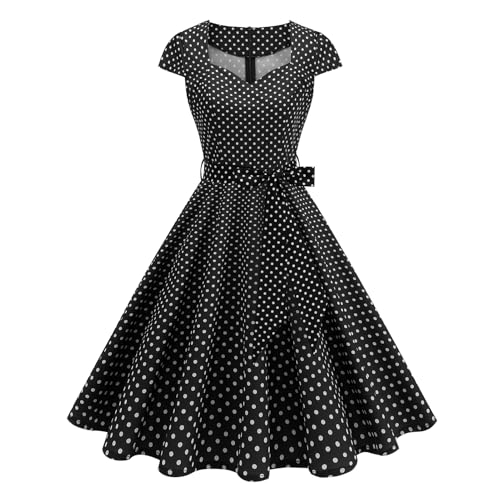 Odizli Rockabilly Kleider Damen 50er Jahre Elegant Sommer Vintage Polka Dot Kurzarm V Ausschnitt Knielang Petticoat Swing A-Linien Coctailkleid...