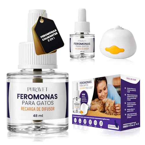PURAVET - Feromonas para Gatos - Difusor + 2 Recambios de Feromonas Calmantes para Gatos (60 días, 48 ​​ml) - Ayuda a Reducir el estrés del Gato, Arañazos, Miedos, Cambios, Marcaje con Orina.