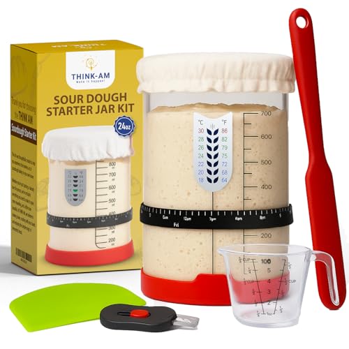 Sourdough Starter Kit, 24 Oz Sourdough Jar with Measuring Cup, Thermometer, Spatula, Dough Scraper, Bread Lame, Silicone Base & Cloth Cover, Feeding Band, Bread Baking Supplies for Bakers (24 Oz)