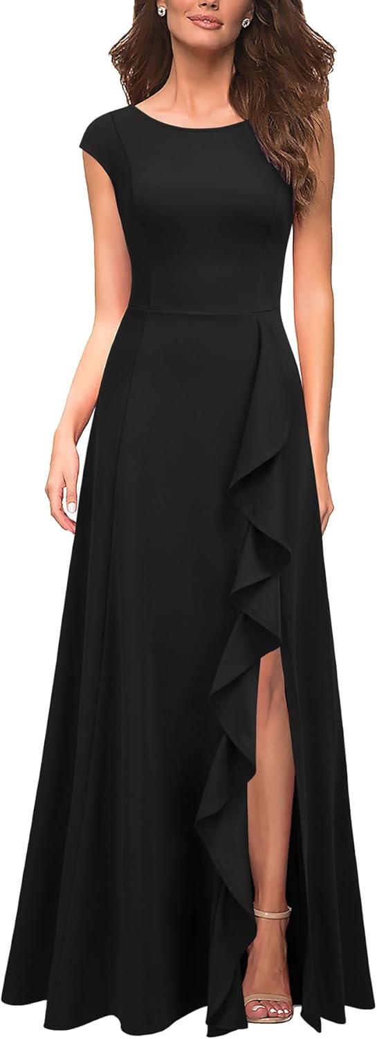 MUSHARE Women's Cocktail Dresses with Pockets Ruffled Sexy Split Party Long Formal Dress
