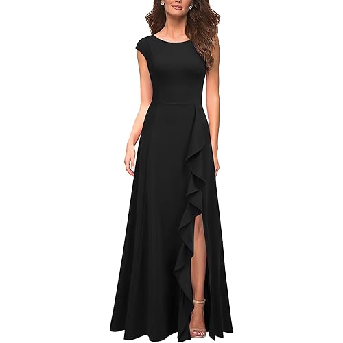 MUSHARE Women's Cocktail Dresses with Pockets Ruffled Sexy Split Party Long Formal Dress