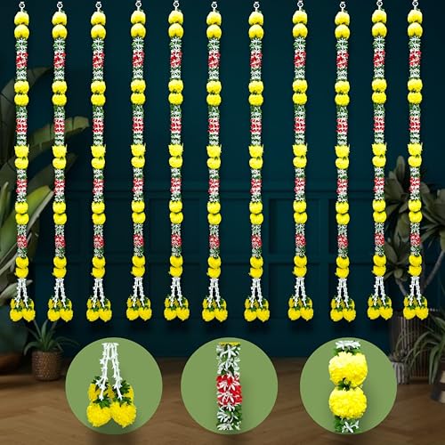 Image of iHandikart Pack of 4 Artificial Marigold Flower Garland with Multicolor Jasmine Leaves (57 Inch) - Decorative Floral Strings for Pooja, Temple, Diwali, Wedding, Haldi, Mehandi & Festive Home Decor