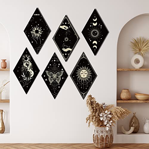 6 Pieces Boho Wall Decor Moon Stars Sun Phases Wall Art Wooden Boho Moon Phase Wall Hanging Gothic Witchy Wall Decor Minimalist Wall Pediments For Bedroom Living Room Decorations #TOP6