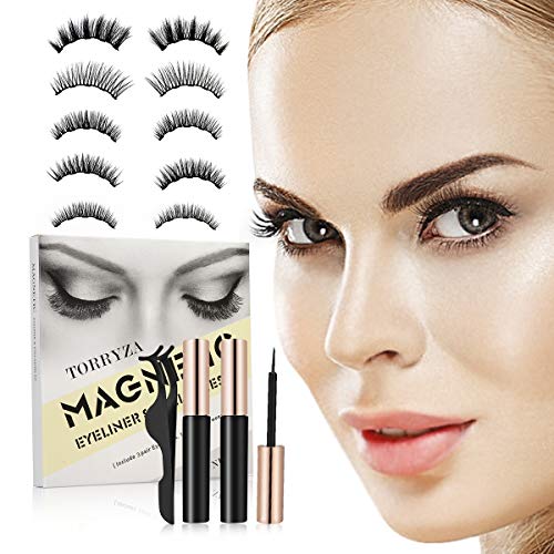 Preisvergleich Produktbild TORRYZA Wiederverwendbares kleberfreies magnetisches Wimpern- und magnetisches Eyeliner-Kit, verbessertes 3D-Kit für magnetische Wimpern mit Pinzette und Applikator - 5 Paare