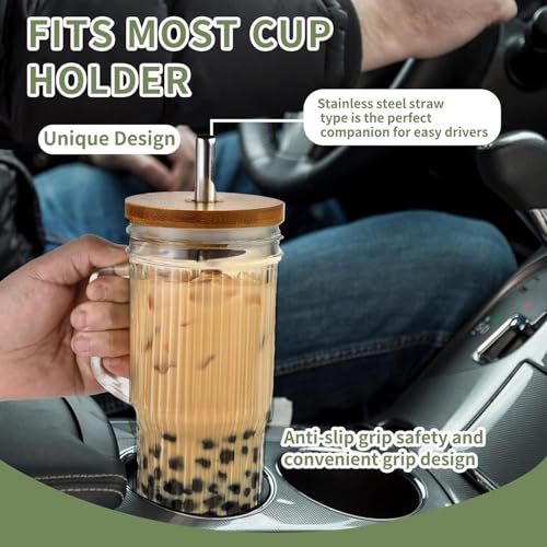ALINK Bicchieri in vetro a coste da 24 oz con coperchio e cannuccia, 2 bicchieri in vetro con manico, riutilizzabili Mason Jar Boba Smoothie Bicchieri - immagine 5
