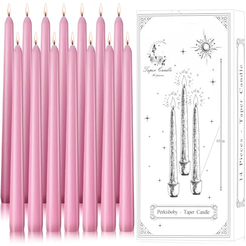 Perkisboby 10 inch Pink Taper Candles, Unscented Dinner Candle Dripless Spell Chime Candles, 8 Hour Burn Time for Birthday Wedding Party, baby showers, Christmas Valentine's Day or Home Decor- 14 Pack