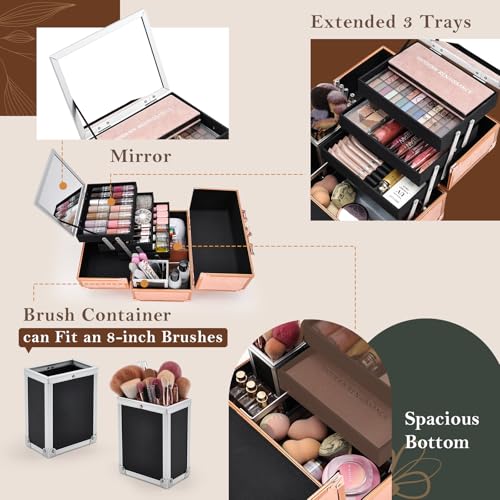 frenessa makeup case 118 inch makeup organizer case large cosmetic box with mirror portable 3 trays travel storage box for make up nail tech kits cosmetology case 3d rose gold floral
