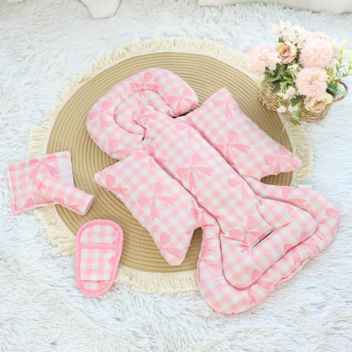 Image of DILIMI Infant Car Seat Insert, Baby Car Seat Head Support with 3 Strap Paddings, Soft Newborn Car Seat Cushion for Stroller, Swing, Bouncers, Pink Bow Plaid
