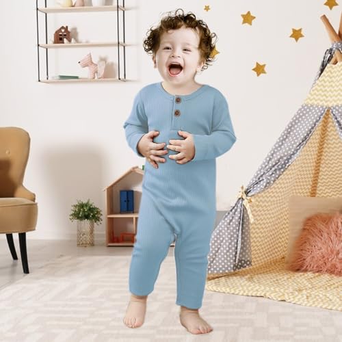 Newborn Baby Boy Girl Romper Infant Long Sleeve Solid Ribbed Button Clothes Bodysuit Jumpsuit3
