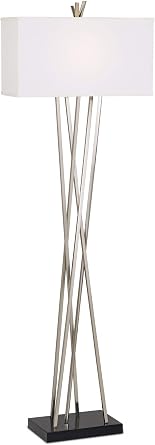 Possini Euro Design Modern Floor Lamp Standing 63.5" Tall Brushed Nickel Silver Black Asymmetry Rectangular White Linen Fabric Shade Decor for Living Room Reading House Bedroom Home