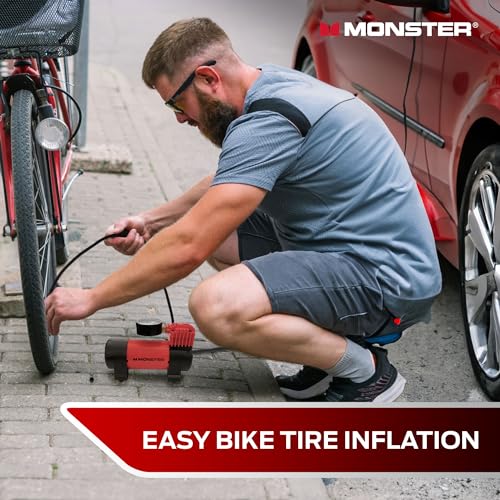 Image of Monster 100 PSI Air Compressor, Tire Inflator, 12V DC Power, Analog Display, Interchangeable Tips, Extra Fuse (10 Foot Cord) (Without Carry Handle)
