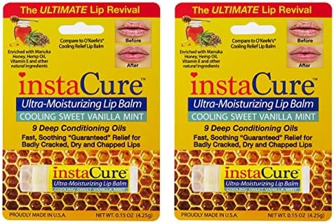 InstaCure Savory Cooling Sweet Vanilla Mint Ultra-Moisturizing Natural Lip Balm Value 2 Pack with Manuka Honey. Advanced Formula Lip Repair. Fast, Soothing Relief for Cracked, Dry and Chapped Lips.