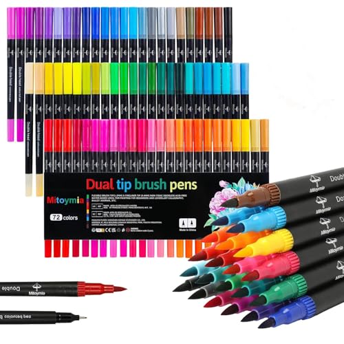 Mitoymia Feutres Coloriage Adulte 72 Couleurs Aquamarker Feutre Double Pointe Fine Feutres Pinceau Aquarelle Stylos pour Adulte Débutant Dessin,Livre De Coloriage,Mandala,Bullet Journal