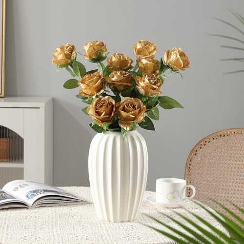 Image of Tifuly 12 PCS Rose Artificial Flower, Single Stem Fake Flowers Bridal Wedding Bouquet, Realistic Blossom Flora for Home Garden Party Hotel Office Decorations (Golden)