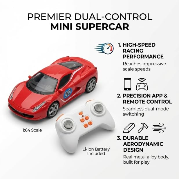 Image of Mini RC Car 1:64 Scale Remote Control Car for Kids, App Controlled Electric Racing Toy with LED Lights, Rechargeable Battery, 2.4GHz Control System, Birthday Gift for Boys & Girls (RED)