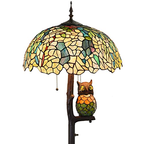 Bieye L30840 Lampadaire en verre teinté de style Tiffany en cytise dorée avec abat-jour de 45,7 cm de large, lampe latérale en forme de hibou, 4 lumières,...