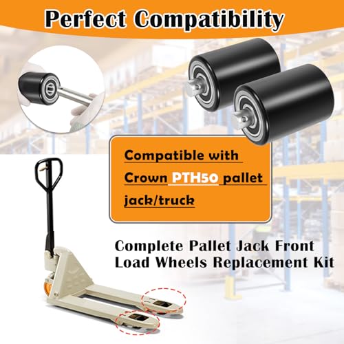 Image of Fit for Crown PTH50 Pallet Jack Front Load Wheels Replacement Kit, Pair Front Load Roller(2.78 inch x 3.75 inch), with Pre-Installed Bearings, Axles, 20mm ID Poly Tread, Pins and Install Tool Kit