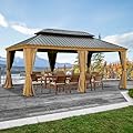 Domi Outdoor Living 14’x20’ Hardtop Gazebo, Wooden Coated Aluminum Frame Canopy with Galvanized Steel Double Roof, Outdoor Permanent Metal Pavilion with Curtains and Netting for Patio, Deck and Lawn