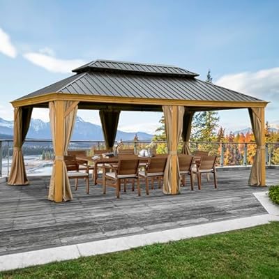 Domi Outdoor Living 14’x20’ Hardtop Gazebo, Wooden Coated Aluminum Frame Canopy with Galvanized Steel Double Roof, Outdoor Permanent Metal Pavilion with Curtains and Netting for Patio, Deck and Lawn