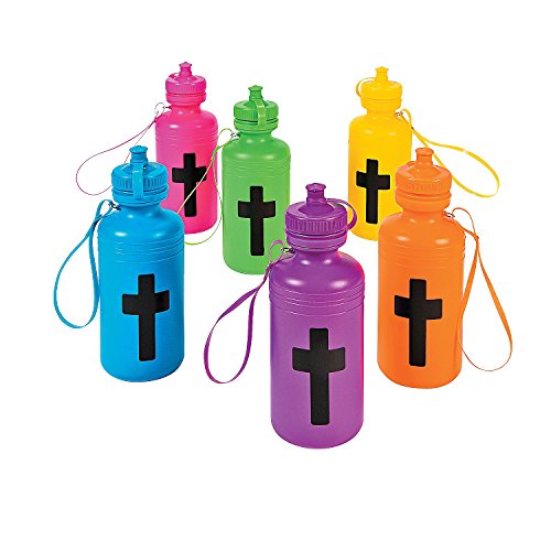 Fun Express 12 Pieces Water Bottle With Crosses, Holds 9 oz, BPA Free Plastic, Birthday Party Supplies, Multi-Color