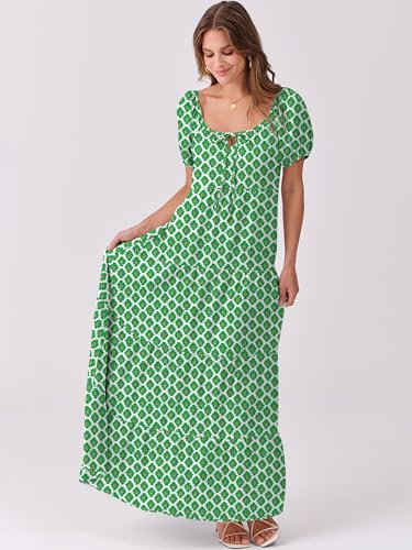 Image of ANRABESS Women's Boho Maxi Dresses 2025 Summer Casual Floral Puff Short Sleeve Tie Front Flowy Swing Tiered Long Beach Dress