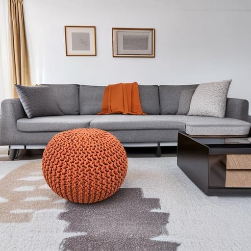 FRELISH DECOR Round Pouf Ottoman Hand Knitted 100% Cotton Pouf Foot Stool Knitted Bean Bag - Floor Chair for Living Room Bedroom - Foot Rest for Couch (20 Diameter x 14 Height) - Pumpkin Orange