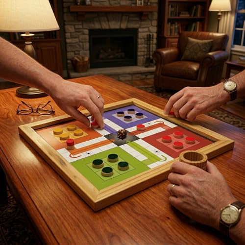 Image of Wooden Magnetic 2-in-1 Ludo and Snakes & Ladders Board Game, Antique & Beechwood, Reversible, Portable, 26.5x26.5 cm, with Tokens and Dice (10 Inches Beech Wood Brown)