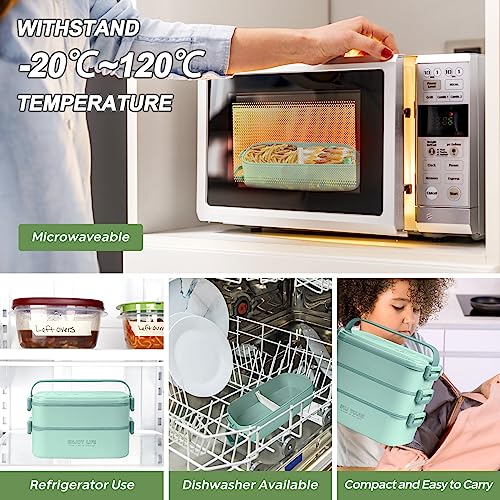 Image of 2700ml 3 Layer Bento Box with Fork & Spoon, 4-in-1 Lunch Box for Adults, Meal Prep Container Food Storage Box for Men Women Student School Office, Microwave Dishwasher Safe Available (Lake-Blue)