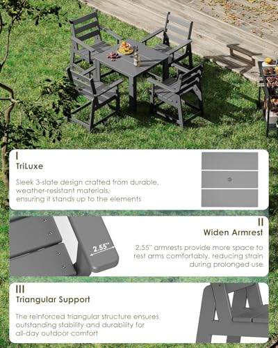 Image of GREENVINES 5-Piece-Outdoor-Dining-Set | HDPE | Square | Patio Furniture | Table and Chairs Sets for 4 | All Weather | Removable Armrests | Umbrella Hole | for Backyard Poolside Garden | Grey