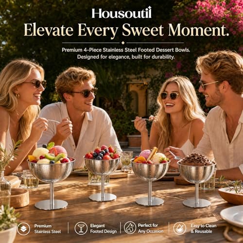 Image of 4PCS Stainless Steel Dessert Bowls, 5oz Ice Cream Cups, Stem Footed Metal Sundae Serving Dishes, Shatterproof Pudding Containers, Reusable Coupe Dessert Cup for Weddings Party Family Gathering(Silver)