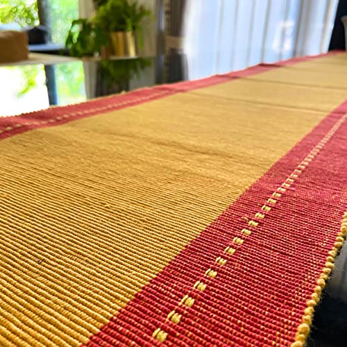 Image of Rangbhar Handloom Ribbed Cotton Table Runner for Living /Dining Room /Home Decor, Anti Skid, Reversible, Machine Washable, 12 X 72 inches, Striped, Red Mustard