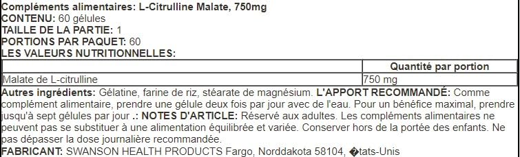 Swanson Complexe L-Citrulline Malate 750mg - 60 Capsules | Supplément pour l'Endurance Musculaire et la Performance – Image 4