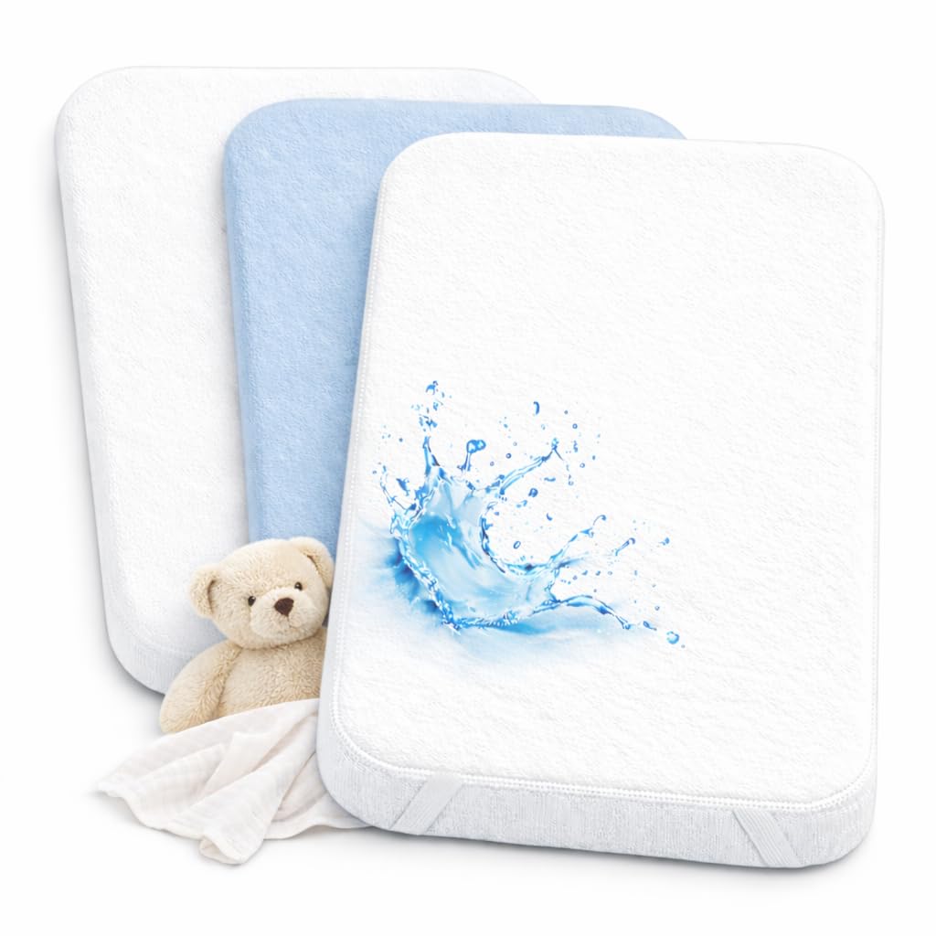 2X Spannbettlaken beistellbett 100% Baumwolle + 1X Matratzenschoner 100% wasserdichtem Material - Set 3X - Kompatibel Kinderkraft, Oeko-TEX (Weiß/Blau, 55 x 90 cm)