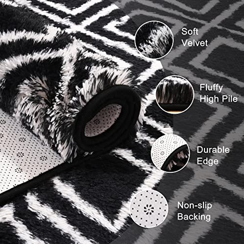 Yj.gwl Ultra Soft Area Rugs For Bedroom Living Room, 4X6 Feet, Luxury Modern Indoor Geometric Plush Fluffy Rug, Fuzzy Shag Carpet For Nursery Kids Room Home Decor Aesthetic Rug, Black #TOP2