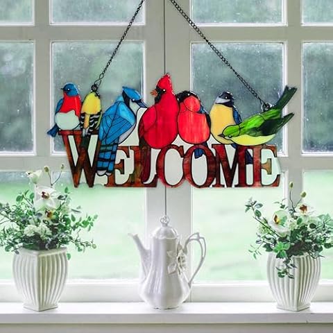 JOYBEE Birds On Branch Stained Glass Suncatcher Cardinal Hummingbird Kingfisher Double Side Glass Panel Window Hanging Decor Bird Ornament Bird Lover Gift for Mom Grandma Cover