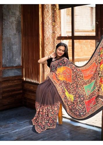 Image of Women's Banarasi Silk Georgette Saree Featuring Silver Sequin And Mirror Work