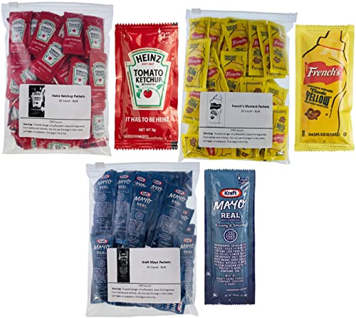 75 Total Packets / 25 Count Of Each - Heinz Ketchup, French's Mustard, & Kraft Real Mayo - Condiment Packs In Slide Seal Bag #TOP21