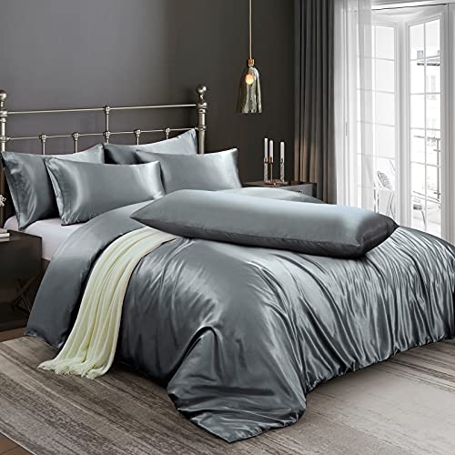 Image of Ersmak 6 Pieces Satin Duvet Cover Full /Queen Size Luxury Silky Bedding Duvet Cover Set with 1 Soft Duvet Cover, 4 Queen Pillowcases and 1 Body Pillowcase, Grey