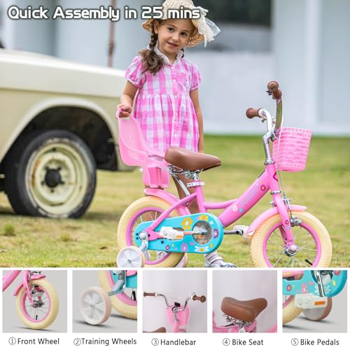 Image of Glerc Maggie Girls Bike, 12-20 Inch Kids Bike for 2-13 Years Old Children, Princess Style Kids Bicycle with Doll-Seat & Basket & Training Wheels, Multiple Colors