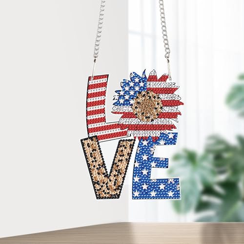 Image of AiYuanzsh Patriotic Diamond Painting Hanging Sign - Love Door Wall Decoration with American Flag Sunflower, Leopard Print, DIY 5D Rhinestone Art Craft for 4th of July Home Decor