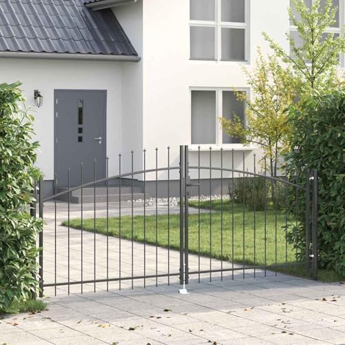 Gecheer Gartentor mit Spear Top Doppelschwing Grau 100x300 cm Stahl, Gartentür Sicherheitszauntor für Gartenzaun Hoftor Einfahrt Grundstückssicherung42008845