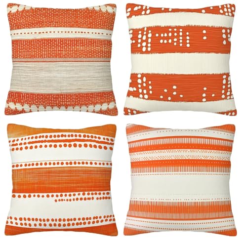 Rayas Naranja Fundas de Cojines Decorativas Cuadradas de Terciopelo, 75x75cm con Cremallera Oculta para Sofá, Oficina, Silla, Dormitorio, Jardín, Exterior Decoración del Hogar, Juego de 4. H-108