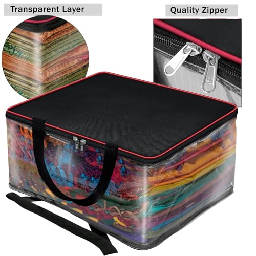 Image of Storite 2 Pack 33L Transparent Saree Storage Bags, Moisture Proof Nylon Clothes Organizer for Lehengas, Dresses & Wardrobe Storage with Strong Zipper (RedBlack, 39x34x21cm)