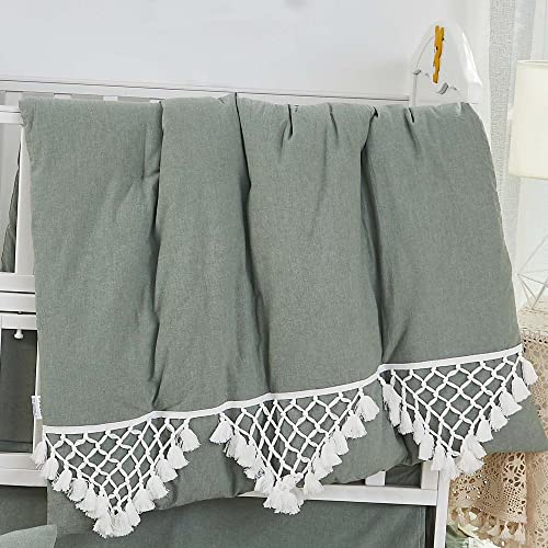 Image of Brandream Baby Girl Boy Nursery 3 Pieces Crib Bedding Set 100% Cotton Gender Neutral Boho Bohemian Solid Sage Green Farmhouse Chic Unisex Minimalist Tassel Fringe Macrame Cozy Bedding