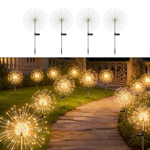 Petriveil Solar Fireworks Lights for Outside Fairy Garden Warm White 4 Pack