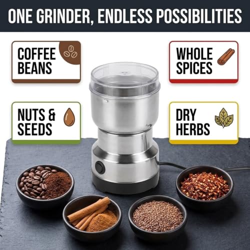 Image of Drumstone 𝟓 𝐘𝐞𝐚𝐫 𝐖𝐚𝐫𝐫𝐚𝐧𝐭𝐲 Electric Mini Spice & Coffee Grinder, Portable Stainless Steel Dry Masala Grinder Machine for Kitchen, Compact Food Processor with High Speed Blades for Nuts