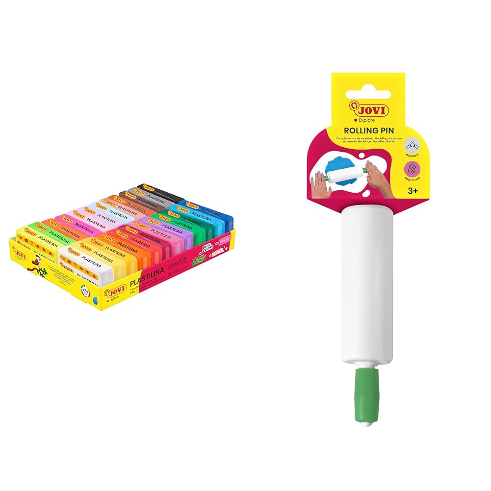 Jovi - Plastilina - Estuche con 24 Pastillas de 50 Gramos, Colores Surtidos, sin Gluten (P70/24) & Rodillo de modelaje, Blanco, 1 pieza