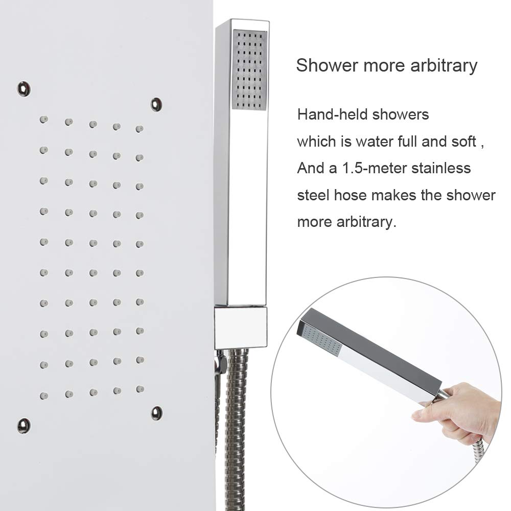 Columna de ducha, juego de barra de ducha, sistema de ducha de acero inoxidable cepillado, panel de ducha con ducha de lluvia y ducha de mano (blanco, 140 x 20 x 47 cm)
