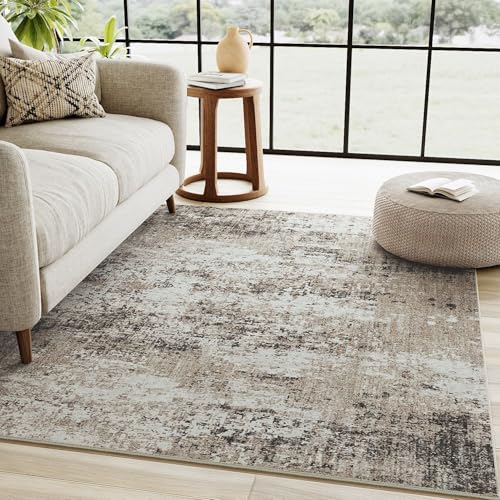 Modern Abstract Taupe Rug 5×7 Machine Washable Living Room Area Rug Kitchen Brown Indoor Accent Rug Low Pile Carpet Distressed Throw Rug Bedroom Office Dining Room Laundry Room Non Slip