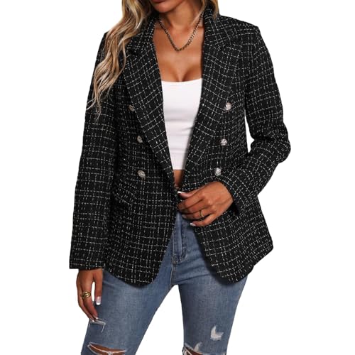 Tweed Blazers for Women Fully-Lined Long Sleeve Open Front Double Breasted Fashion Casual Jacket Coat